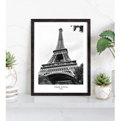 Poster Tour Eiffel Avec Fleurs Roses - Impression Sur Toile Noire & Blanche, 27.9x35.6cm - Décoration Murale