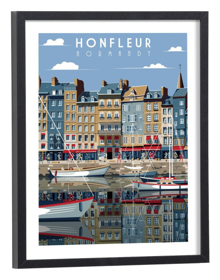 Port de Honfleur en Normandie - affiche vintage encadrée style graphique coloré