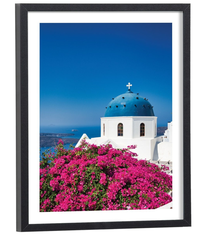 Affiche paysage fleuri Eglise à Santorin