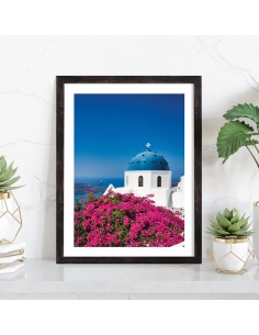 Affiche paysage fleuri Eglise à Santorin 2