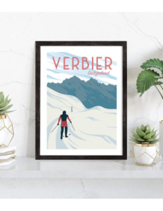 Affiche Verbier Vintage Montagne et skieur 2