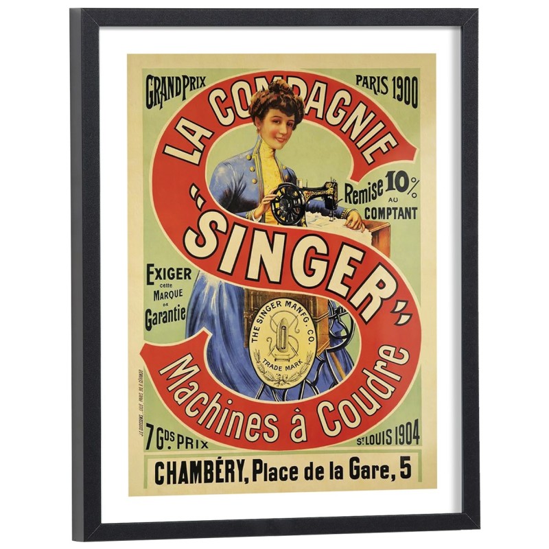 Affiche publicitaire vintage La Compagnie Singer machines à coudre Paris 1900 - reproduction encadrée