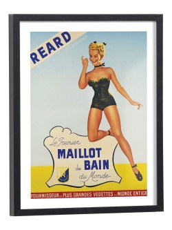 Affiche publicitaire vintage maillot de bain Réard pin-up années 50 - poster encadré bois noir
