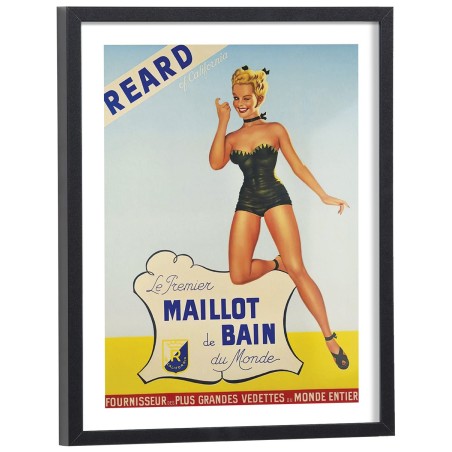Affiche publicitaire vintage maillot de bain Réard pin-up années 50 - poster encadré bois noir