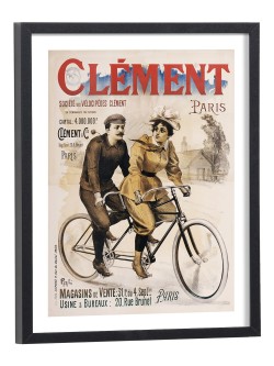Affiche publicitaire vintage Clément vélocipèdes Paris couple à vélo - poster encadré bois noir