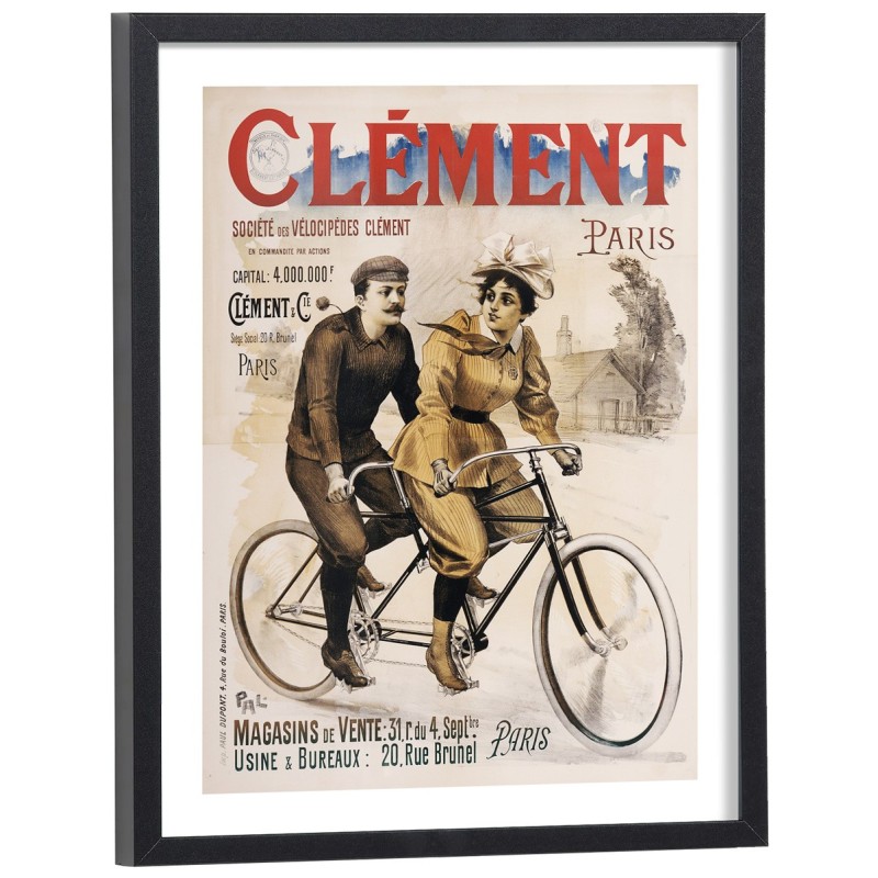 Affiche publicitaire vintage Clément vélocipèdes Paris couple à vélo - poster encadré bois noir