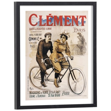 Affiche publicitaire vintage Clément vélocipèdes Paris couple à vélo - poster encadré bois noir