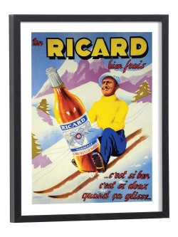 Affiche publicitaire vintage Ricard avec skieur en montagne - poster encadré cadre bois noir