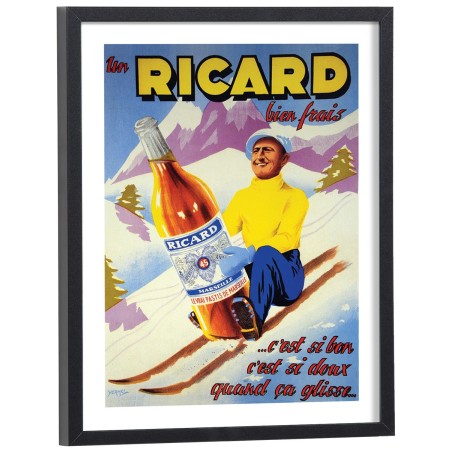 Affiche publicitaire vintage Ricard avec skieur en montagne - poster encadré cadre bois noir