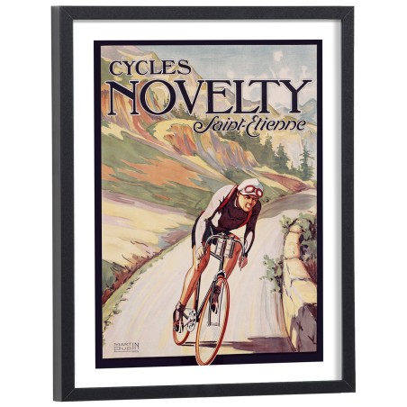 Affiche publicitaire vintage Cycles Novelty Saint-Étienne - reproduction encadrée cadre bois noir