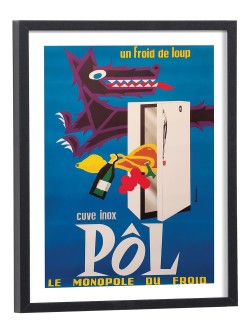 Affiche publicitaire vintage Cuve inox Pôl avec loup stylisé et réfrigérateur - poster encadré bois noir