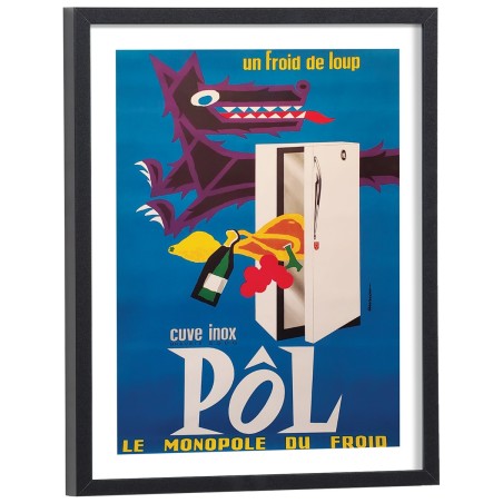 Affiche publicitaire vintage Cuve inox Pôl avec loup stylisé et réfrigérateur - poster encadré bois noir