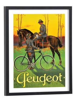 Affiche publicitaire vintage Peugeot avec militaires et vélo - reproduction encadrée bois noir