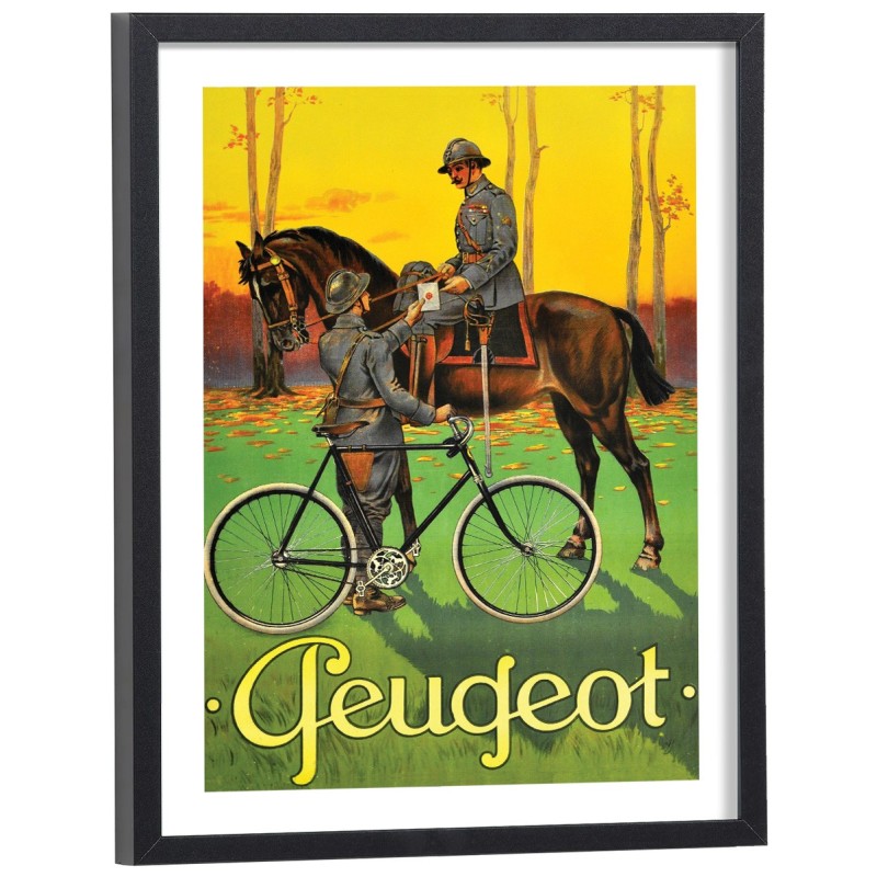 Affiche publicitaire vintage Peugeot avec militaires et vélo - reproduction encadrée bois noir