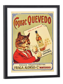 Affiche vintage Cognac Quevedo chat en costume rouge - poster publicitaire encadré