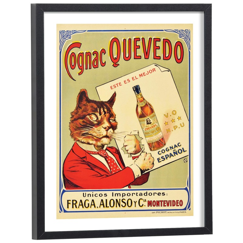 Affiche vintage Cognac Quevedo chat en costume rouge - poster publicitaire encadré