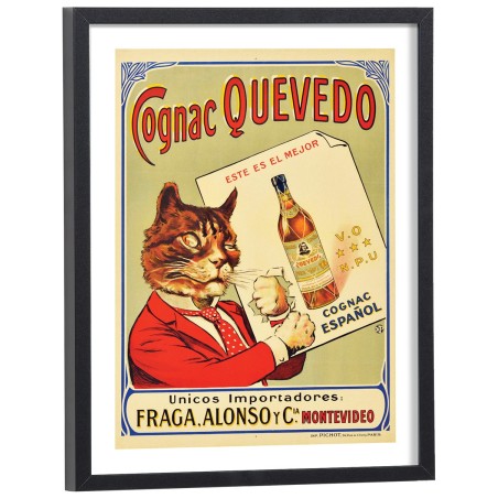 Affiche vintage Cognac Quevedo chat en costume rouge - poster publicitaire encadré