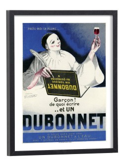 Affiche publicitaire vintage Dubonnet avec Pierrot tenant verre et plume - reproduction encadrée bois noir