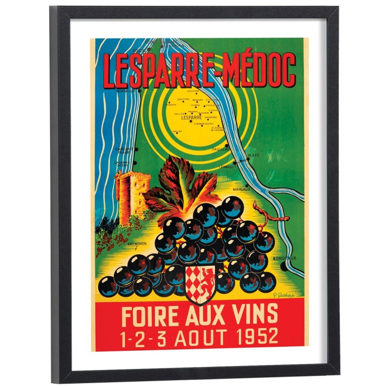 Affiche vintage Foire aux Vins Lesparre-Médoc 1952 - reproduction encadrée bois noir