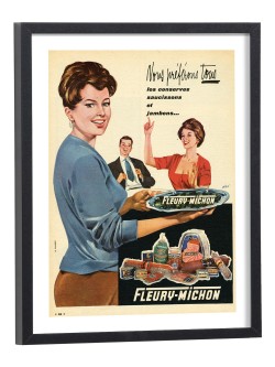 Affiche publicitaire vintage Fleury Michon années 50 - poster encadré bois noir femme charcuterie