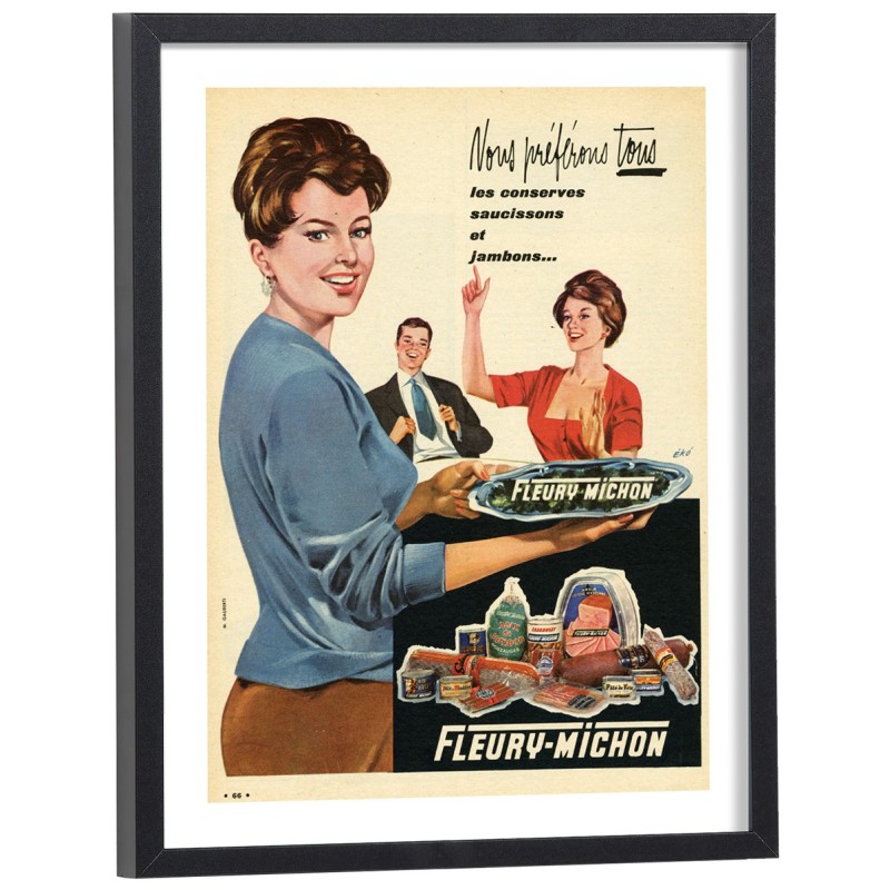 Affiche publicitaire vintage Fleury Michon années 50 - poster encadré bois noir femme charcuterie
