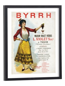 Affiche publicitaire vintage Byrrh avec gitane en costume traditionnel - reproduction encadrée cadre bois noir