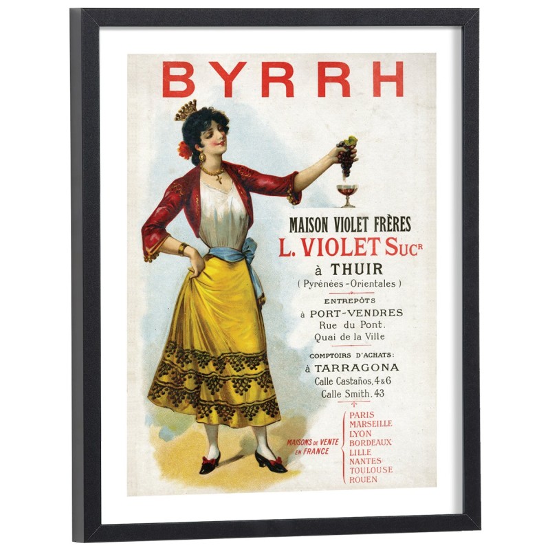 Affiche publicitaire vintage Byrrh avec gitane en costume traditionnel - reproduction encadrée cadre bois noir