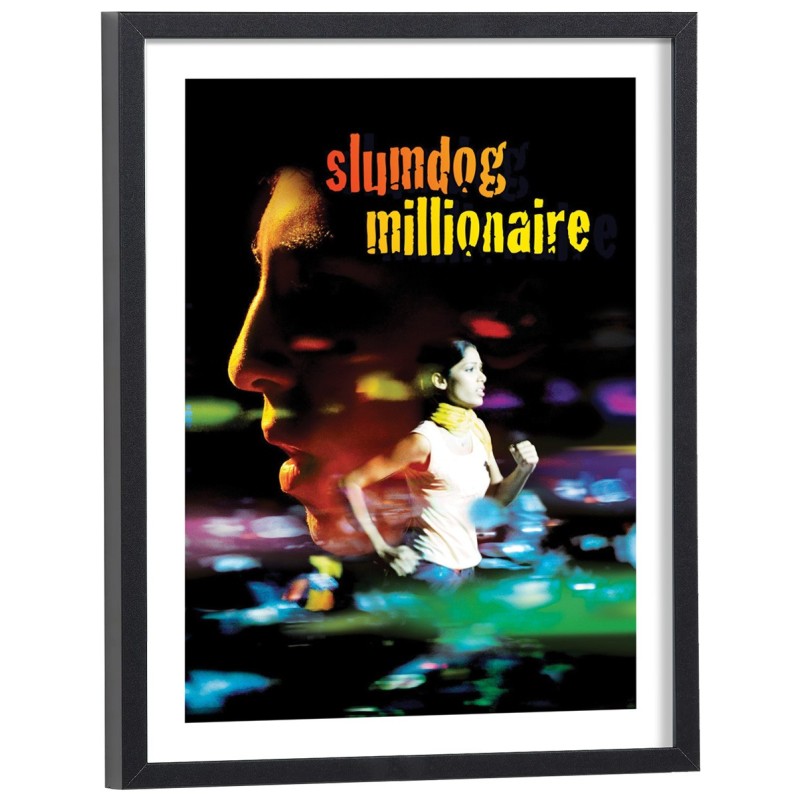 Affiche du film Slumdog Millionaire avec titre doré sur fond noir - poster cinéma encadré