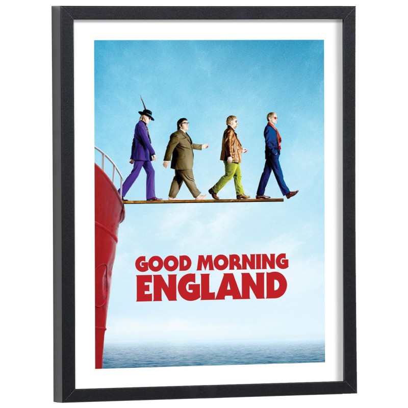 Affiche Good Morning England quatre personnages marchant planche océan - poster cinéma encadré bois noir