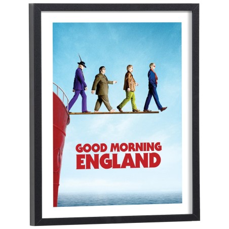Affiche Good Morning England quatre personnages marchant planche océan - poster cinéma encadré bois noir