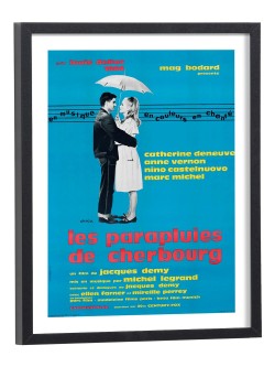 Affiche film Les Parapluies de Cherbourg - poster cinéma encadré fond bleu turquoise