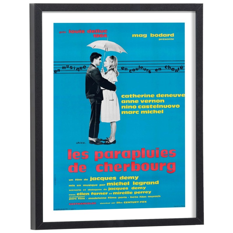 Affiche film Les Parapluies de Cherbourg - poster cinéma encadré fond bleu turquoise