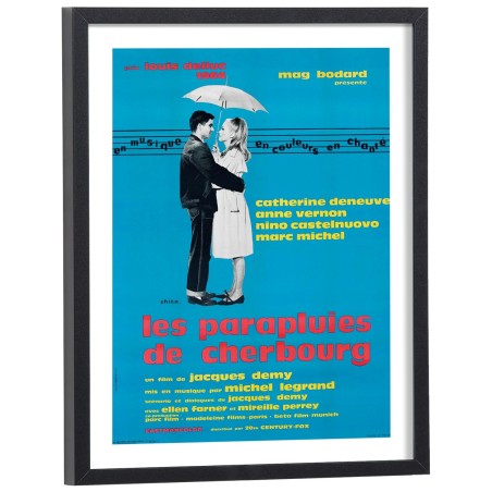Affiche film Les Parapluies de Cherbourg - poster cinéma encadré fond bleu turquoise