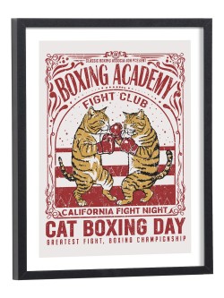 Affiche vintage Cat Boxing Day avec deux chats boxeurs - poster encadré bois noir 30x40