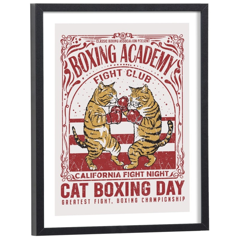Affiche vintage Cat Boxing Day avec deux chats boxeurs - poster encadré bois noir 30x40