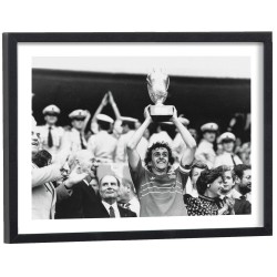 Michel Platini brandissant le trophée Euro 1984 - affiche sport encadrée cadre bois noir 30x40